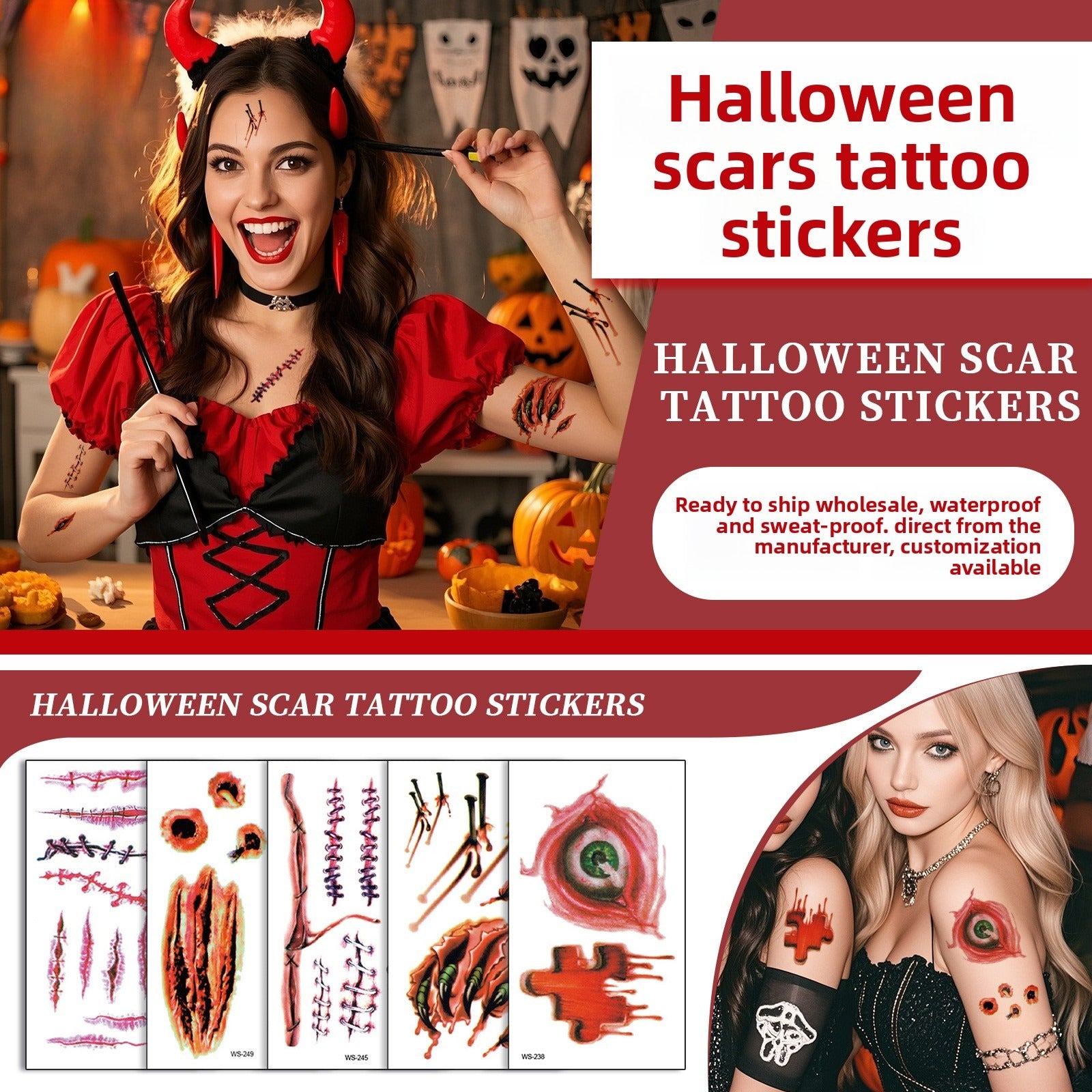 Waterproof Halloween Horror Wound Scar Face Disposable Temporary Tattoo Scar Tattoo Sticker
