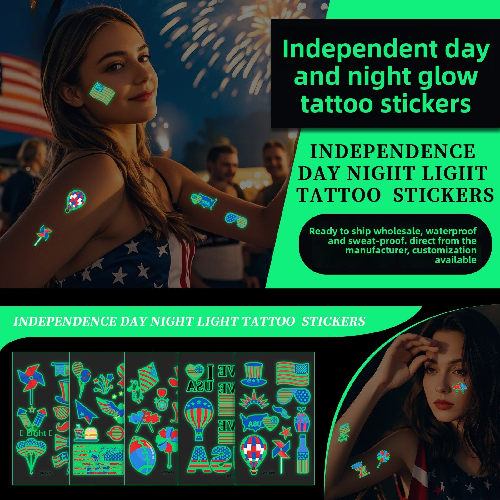 National flag luminous tattoo sticker Independence Day party props waterproof sweat sticker disposable temporary face sticker