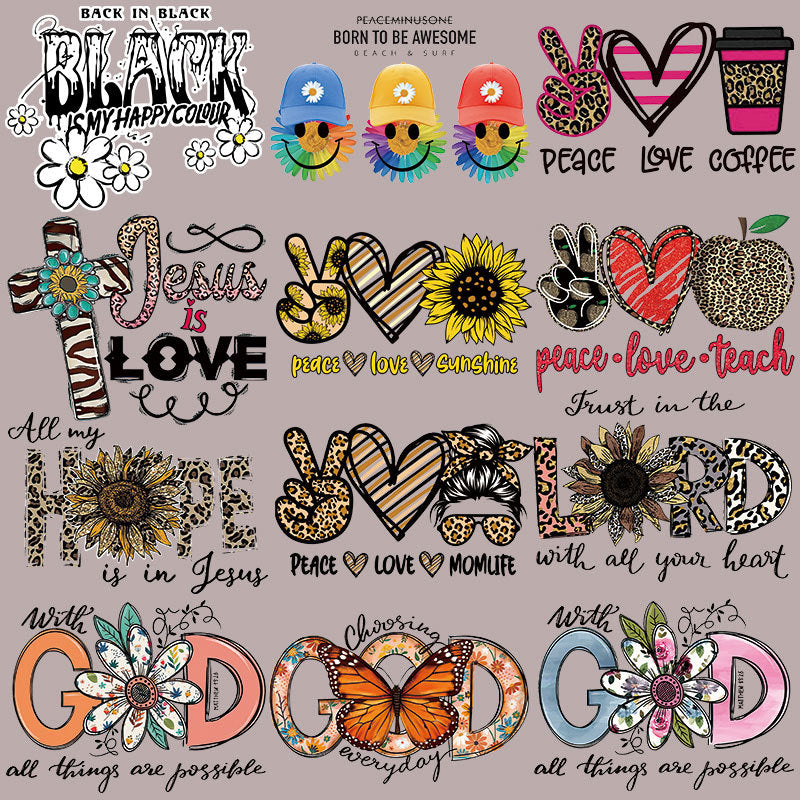 Flower letter heat transfer spot T-shirt luggage logo printing hot map washable offset printing heat transfer pattern