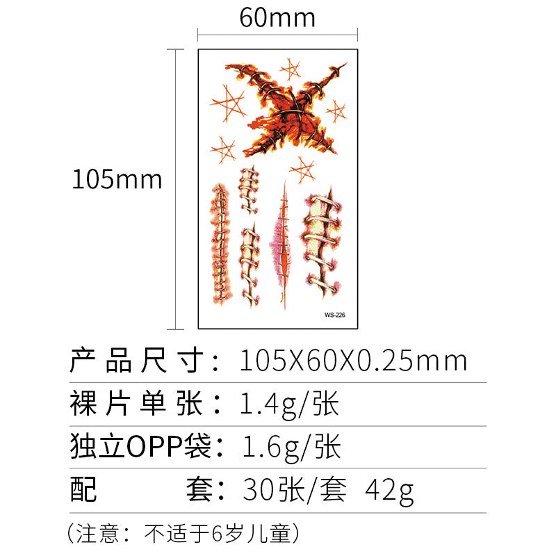 Waterproof Halloween Horror Wound Scar Face Disposable Temporary Tattoo Scar Tattoo Sticker