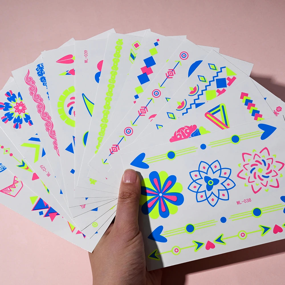 12/24pcs Luminous Temporary Tattoos Stickers UV Neon Fluorescent Glow in the Dark For Body Face Tattoo Stickers Party Accessorie