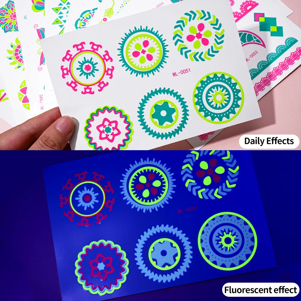 12/24pcs Luminous Temporary Tattoos Stickers UV Neon Fluorescent Glow in the Dark For Body Face Tattoo Stickers Party Accessorie