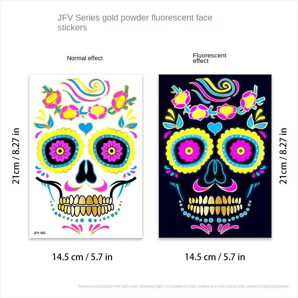 1/4/8pcs Fluorescent Waterproof Face Tattoo Temporary Face Sticker For Halloween Music Concert Party Night Club Makeup Tattoos