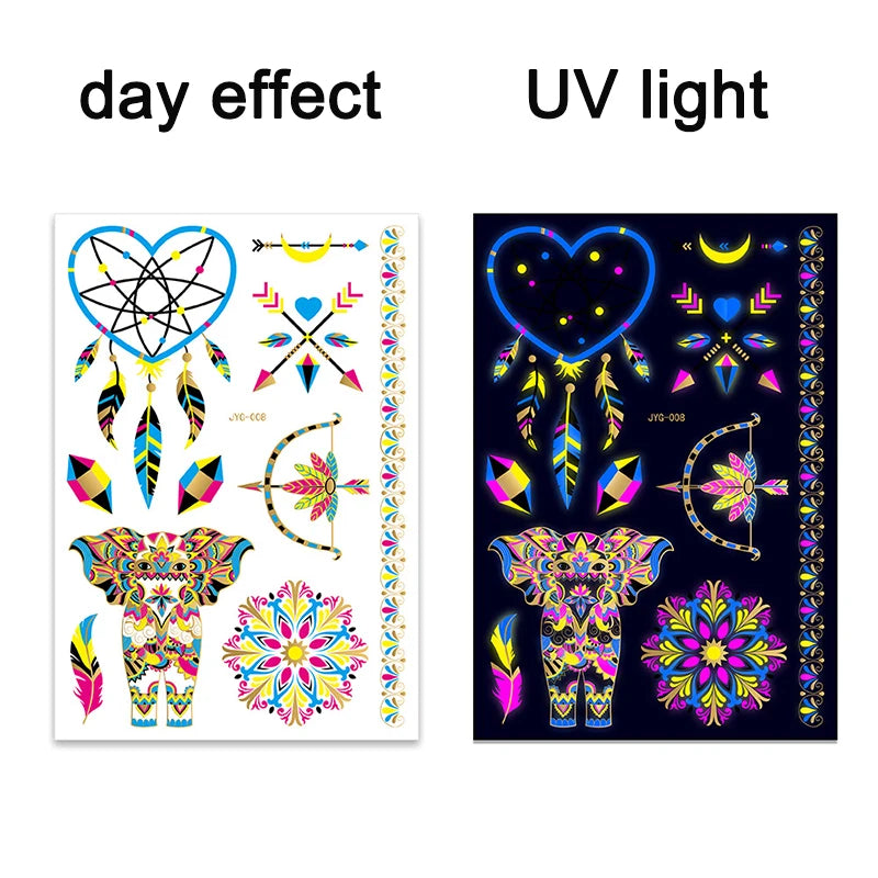 Luminous Temporary Tattoos Stickers Fluorescent Neon In Dark Illuminate Tattoo Elephant/Love Heart Shoulder Tattoo Party Sticker