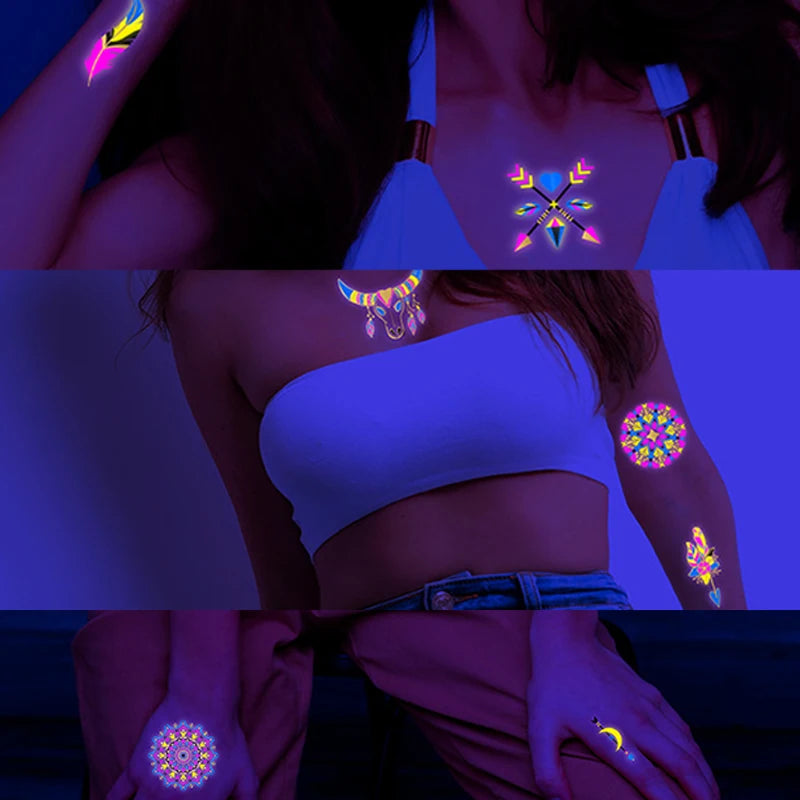 Luminous Temporary Tattoos Stickers Fluorescent Neon In Dark Illuminate Tattoo Elephant/Love Heart Shoulder Tattoo Party Sticker