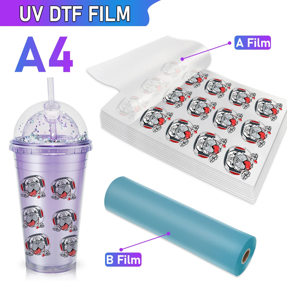 A4 UV DTF Printing A Film and Transfer B Film Crystal Wood Acrylic all Label Film For UV DTF Film Printer Sticker Film Printer