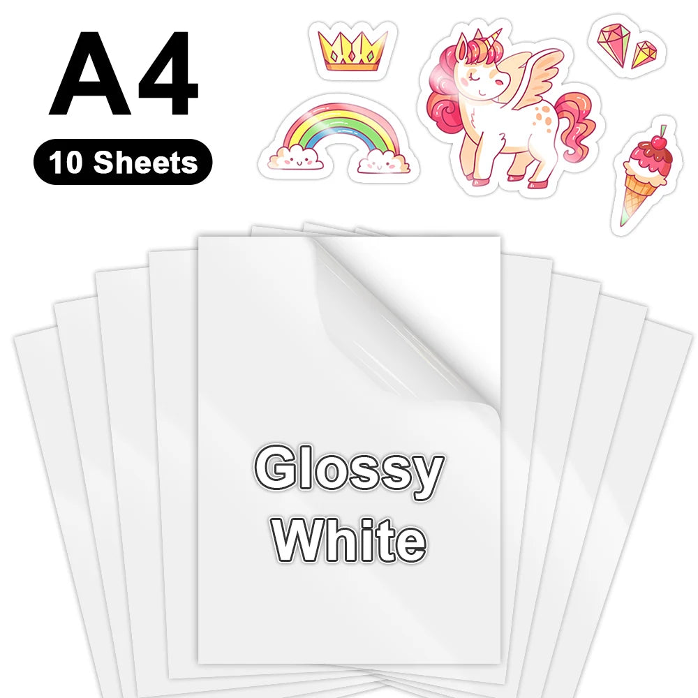 10Sheets 100% Transparent Printable Vinyl Sticker Paper Self-adhesive A4 Glossy White Copy Paper for Inkjet Printer DIY Stickers