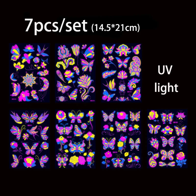 Luminous Temporary Tattoos Stickers Fluorescent Neon In Dark Illuminate Tattoo Elephant/Love Heart Shoulder Tattoo Party Sticker