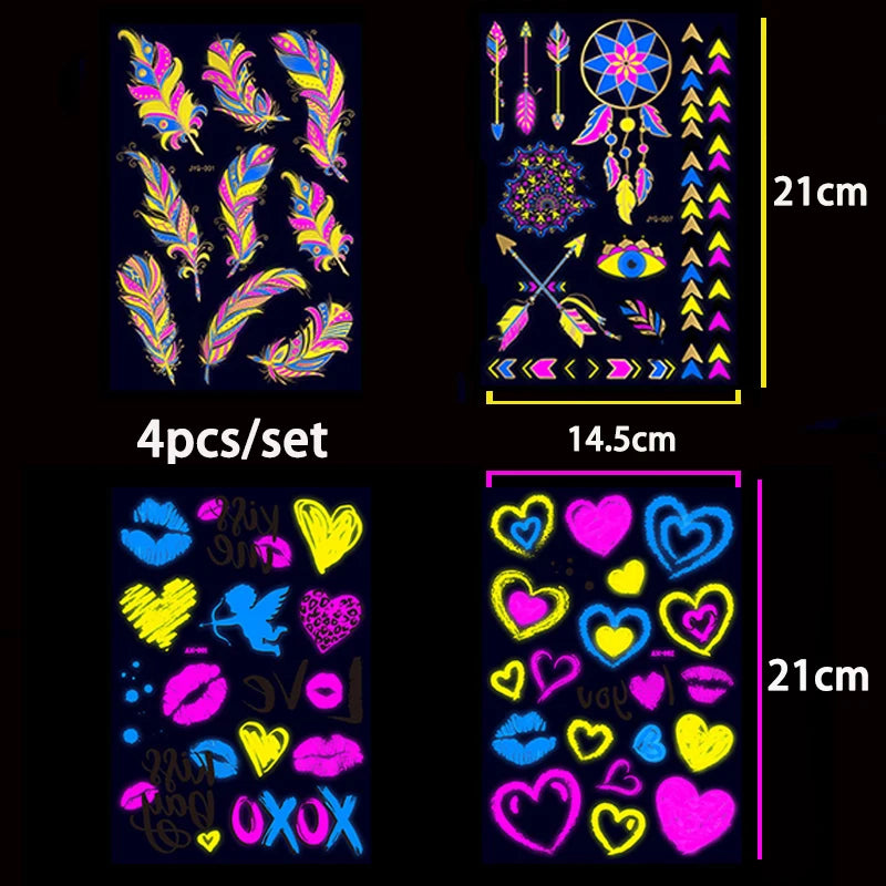 Luminous Temporary Tattoos Stickers Fluorescent Neon In Dark Illuminate Tattoo Elephant/Love Heart Shoulder Tattoo Party Sticker