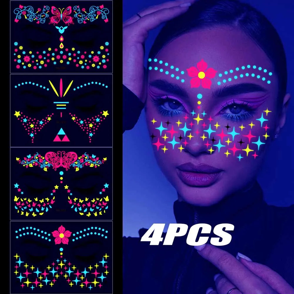 12/24pcs Luminous Temporary Tattoos Stickers UV Neon Fluorescent Glow in the Dark For Body Face Tattoo Stickers Party Accessorie