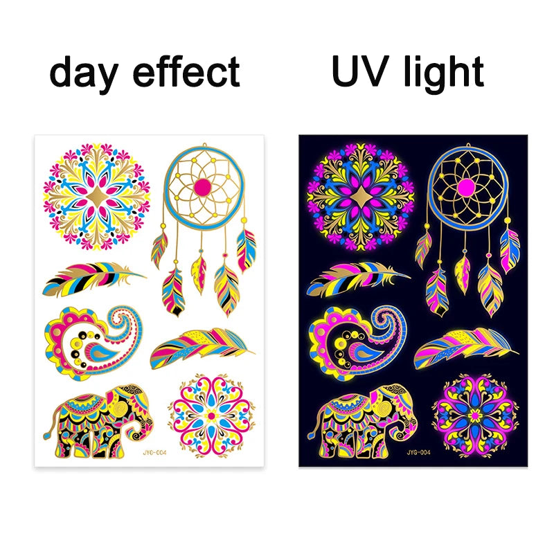 Luminous Temporary Tattoos Stickers Fluorescent Neon In Dark Illuminate Tattoo Elephant/Love Heart Shoulder Tattoo Party Sticker