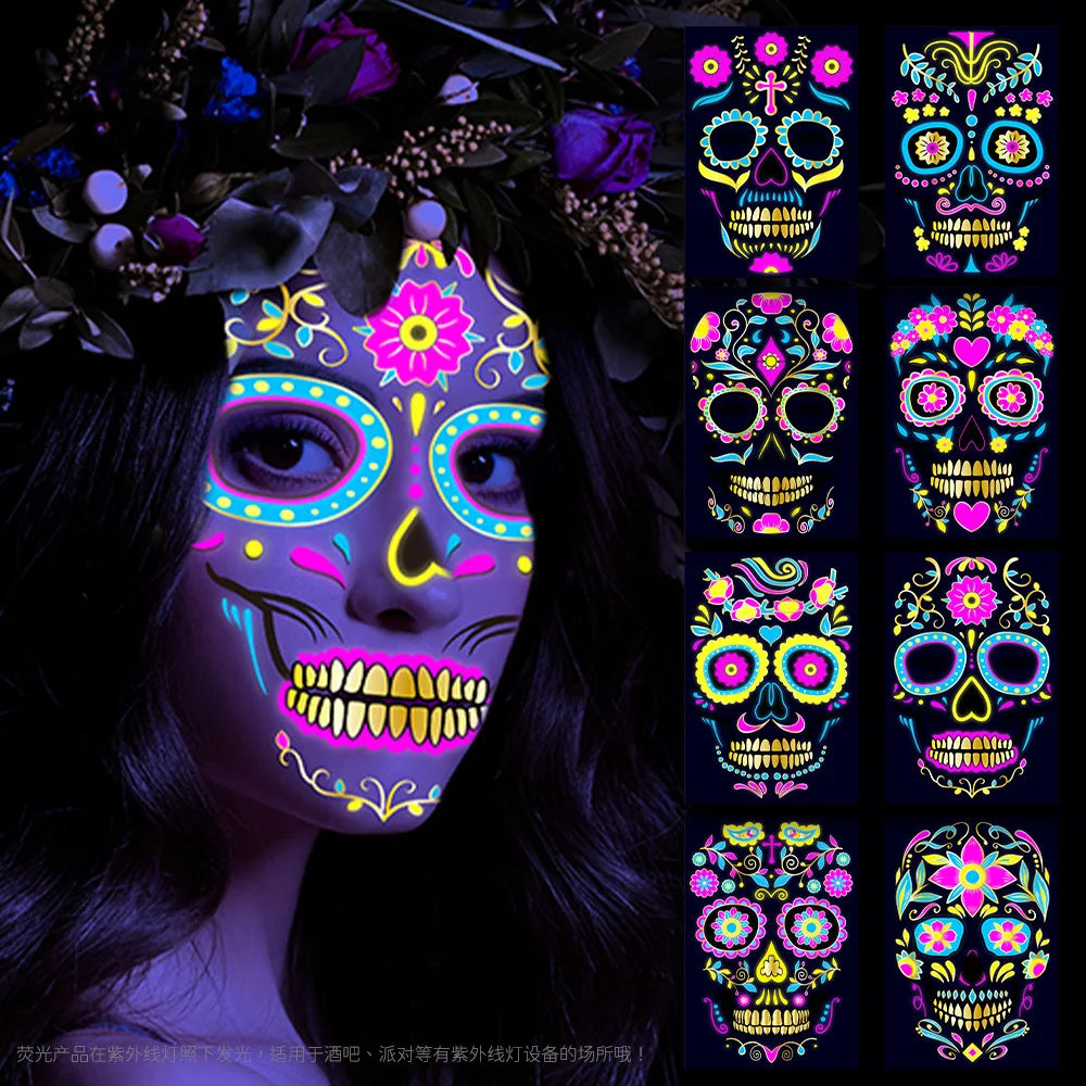 1/4/8pcs Fluorescent Waterproof Face Tattoo Temporary Face Sticker For Halloween Music Concert Party Night Club Makeup Tattoos