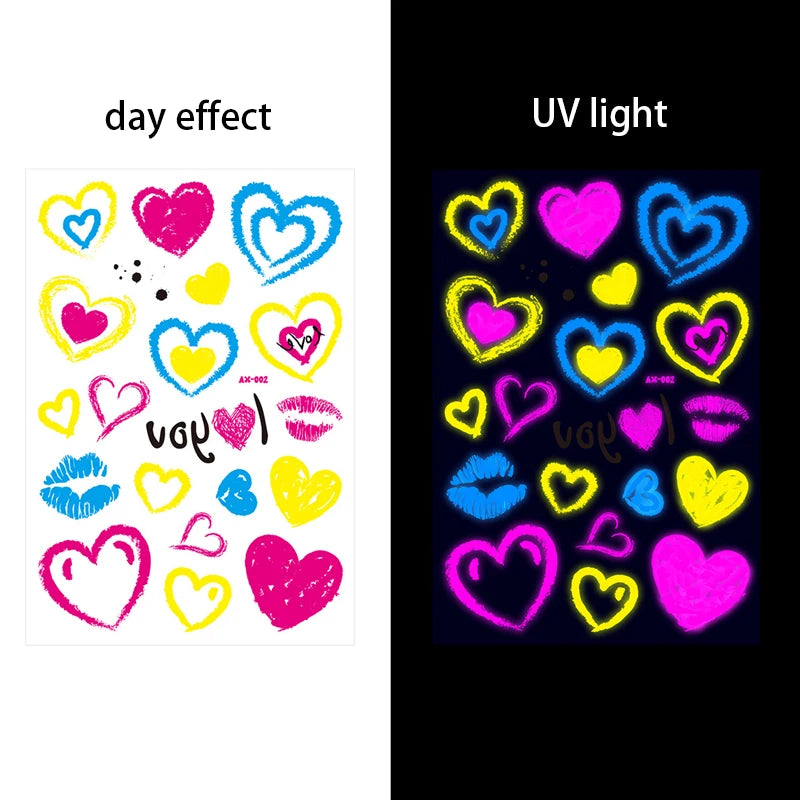 Luminous Temporary Tattoos Stickers Fluorescent Neon In Dark Illuminate Tattoo Elephant/Love Heart Shoulder Tattoo Party Sticker