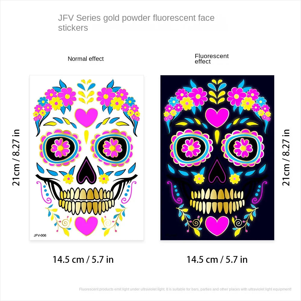 1/4/8pcs Fluorescent Waterproof Face Tattoo Temporary Face Sticker For Halloween Music Concert Party Night Club Makeup Tattoos