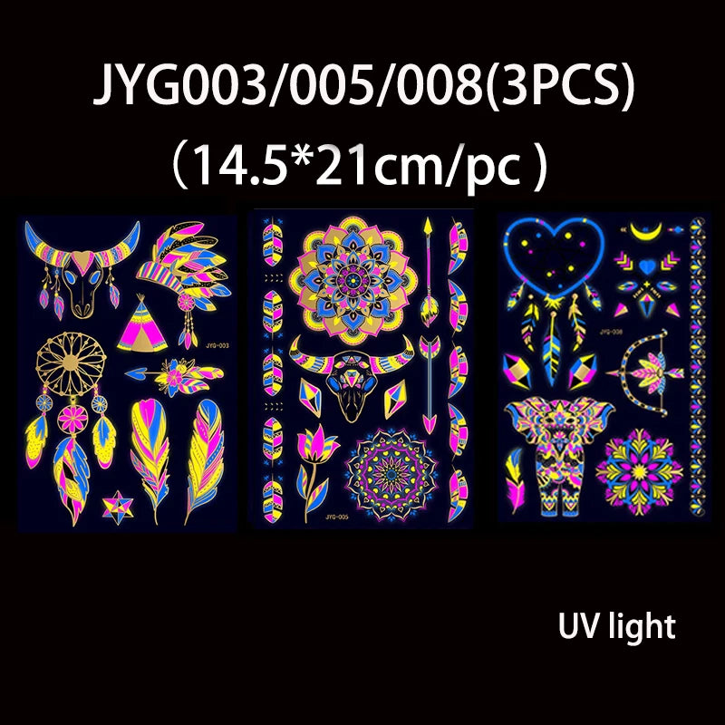 Luminous Temporary Tattoos Stickers Fluorescent Neon In Dark Illuminate Tattoo Elephant/Love Heart Shoulder Tattoo Party Sticker