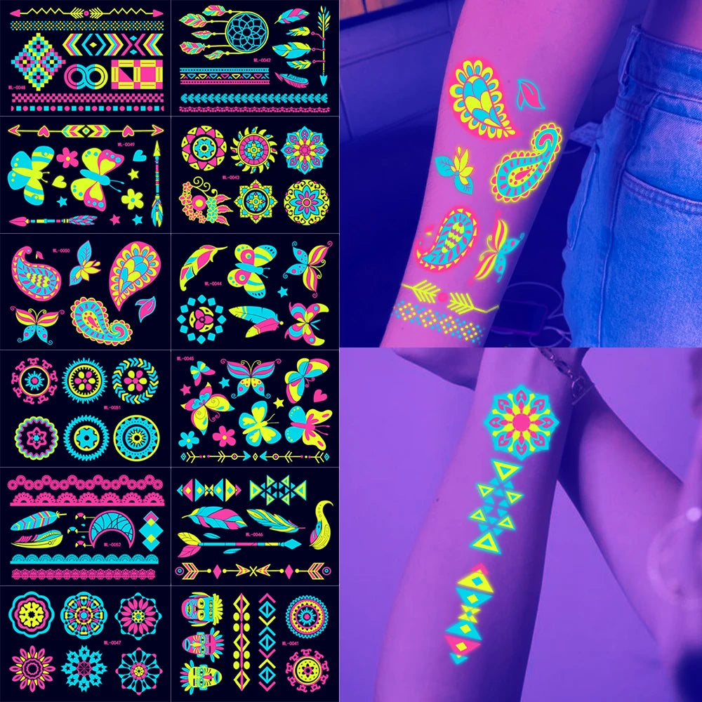 12/24pcs Luminous Temporary Tattoos Stickers UV Neon Fluorescent Glow in the Dark For Body Face Tattoo Stickers Party Accessorie