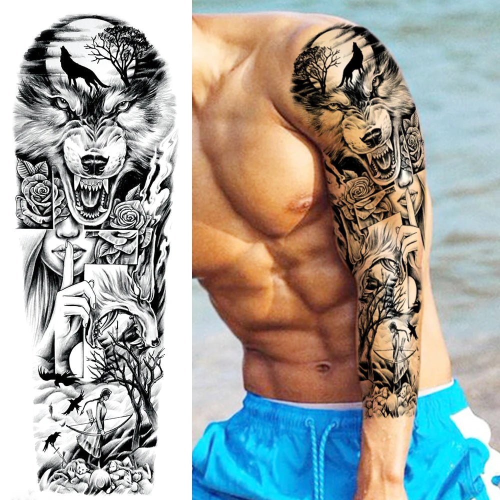 Full Arm Temporary Tattoos Sleeve For Men Women Realistic Fake Tatoos Warrior Lion Tiger Flower Tatoo Sticker Black Totem Maori