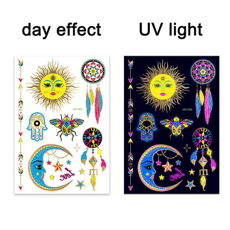 Luminous Temporary Tattoos Stickers Fluorescent Neon In Dark Illuminate Tattoo Elephant/Love Heart Shoulder Tattoo Party Sticker