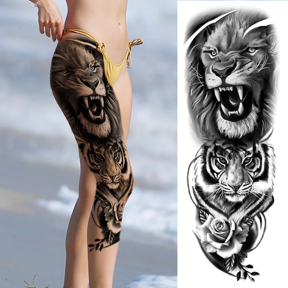 Full Arm Temporary Tattoos Sleeve For Men Women Realistic Fake Tatoos Warrior Lion Tiger Flower Tatoo Sticker Black Totem Maori