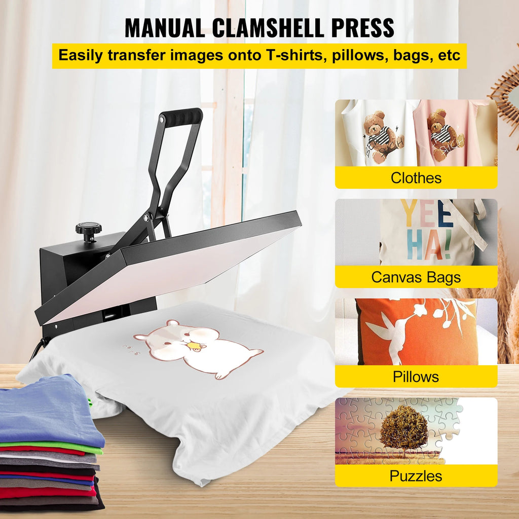 Heat Press Machine 15"x15"/ 16"x20" /16"x24" Sublimation Printer Manual Clamshell Transfer on DIY T-shirt Pillow