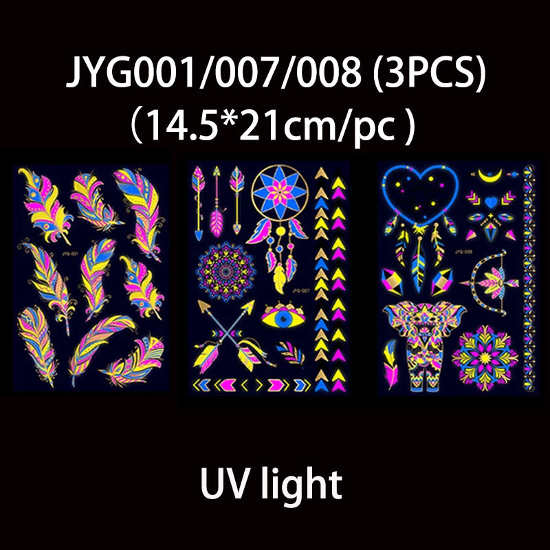 Luminous Temporary Tattoos Stickers Fluorescent Neon In Dark Illuminate Tattoo Elephant/Love Heart Shoulder Tattoo Party Sticker