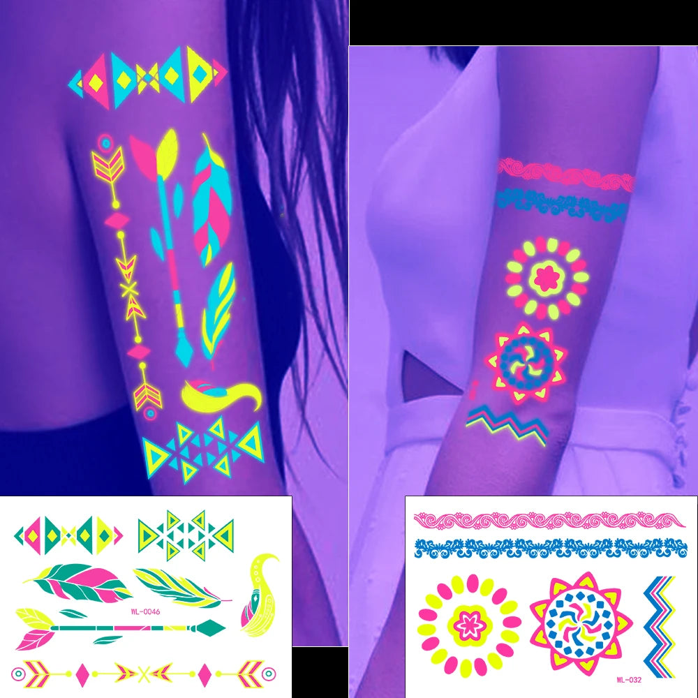 12/24pcs Luminous Temporary Tattoos Stickers UV Neon Fluorescent Glow in the Dark For Body Face Tattoo Stickers Party Accessorie