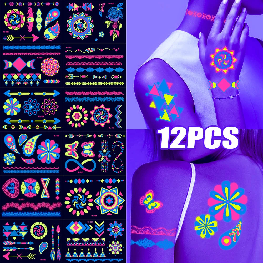 12/24pcs Luminous Temporary Tattoos Stickers UV Neon Fluorescent Glow in the Dark For Body Face Tattoo Stickers Party Accessorie