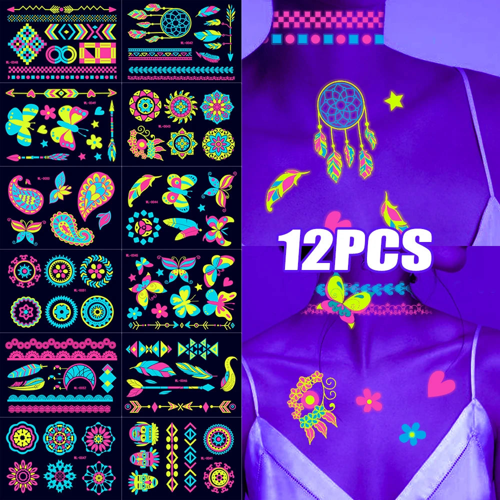 12/24pcs Luminous Temporary Tattoos Stickers UV Neon Fluorescent Glow in the Dark For Body Face Tattoo Stickers Party Accessorie