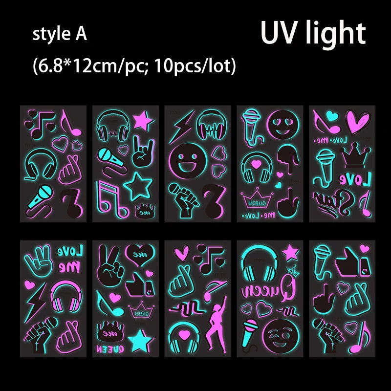 Luminous Temporary Tattoos Stickers Fluorescent Neon In Dark Illuminate Tattoo Elephant/Love Heart Shoulder Tattoo Party Sticker