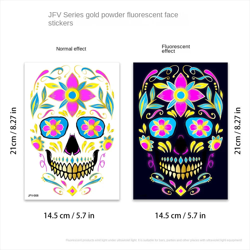 1/4/8pcs Fluorescent Waterproof Face Tattoo Temporary Face Sticker For Halloween Music Concert Party Night Club Makeup Tattoos