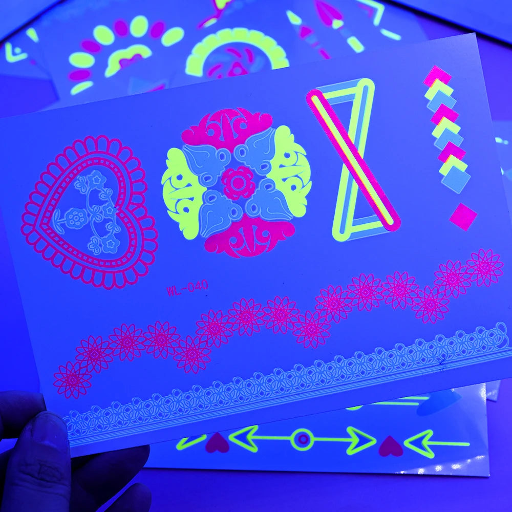 12/24pcs Luminous Temporary Tattoos Stickers UV Neon Fluorescent Glow in the Dark For Body Face Tattoo Stickers Party Accessorie