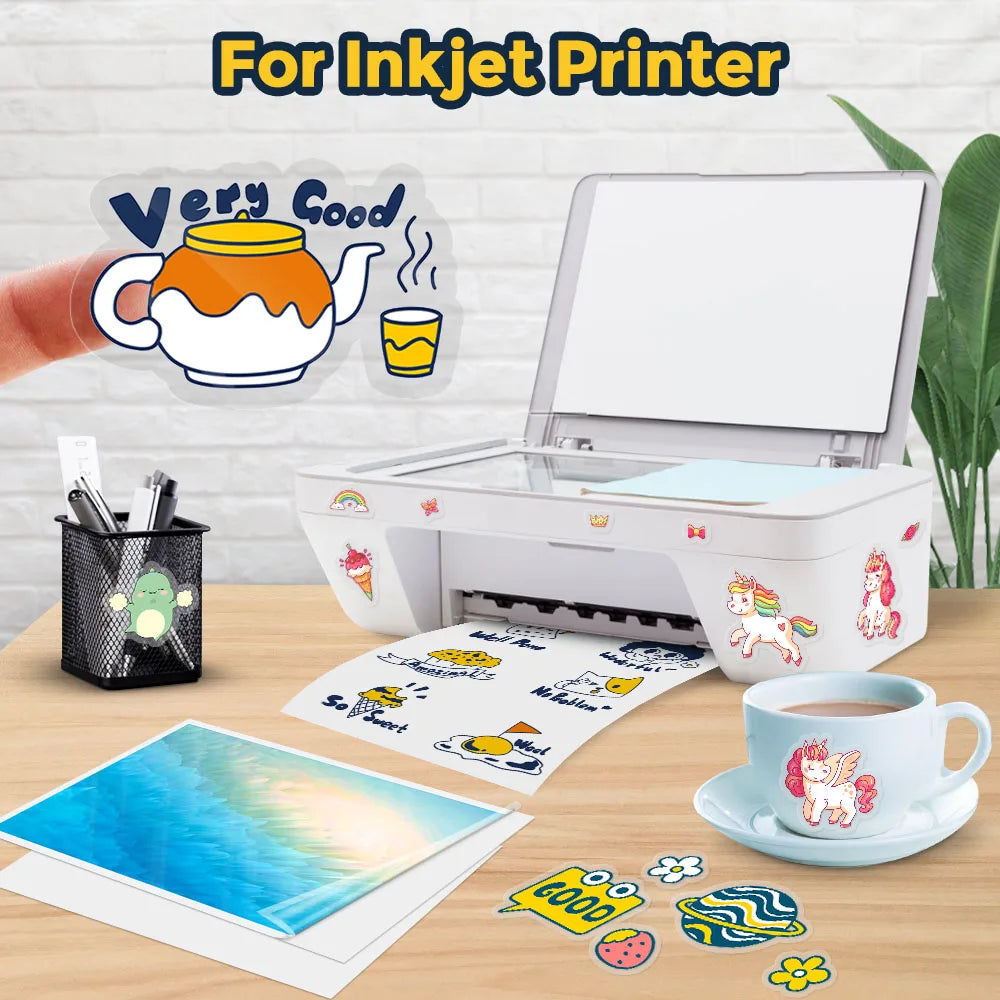 10Sheets 100% Transparent Printable Vinyl Sticker Paper Self-adhesive A4 Glossy White Copy Paper for Inkjet Printer DIY Stickers