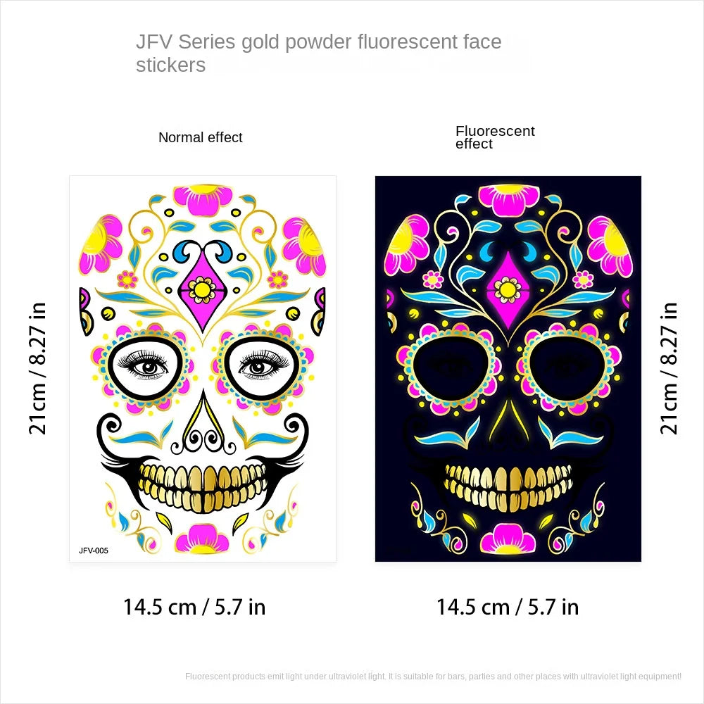 1/4/8pcs Fluorescent Waterproof Face Tattoo Temporary Face Sticker For Halloween Music Concert Party Night Club Makeup Tattoos