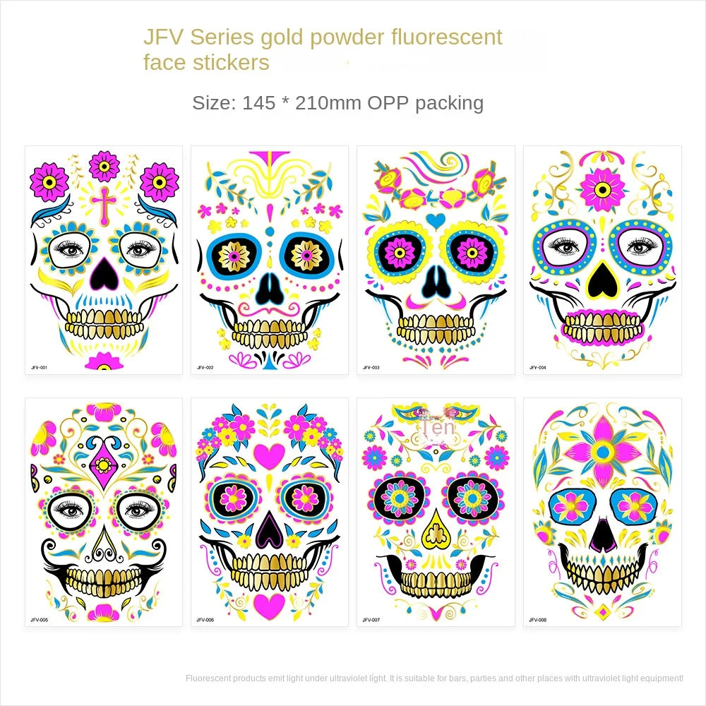 1/4/8pcs Fluorescent Waterproof Face Tattoo Temporary Face Sticker For Halloween Music Concert Party Night Club Makeup Tattoos