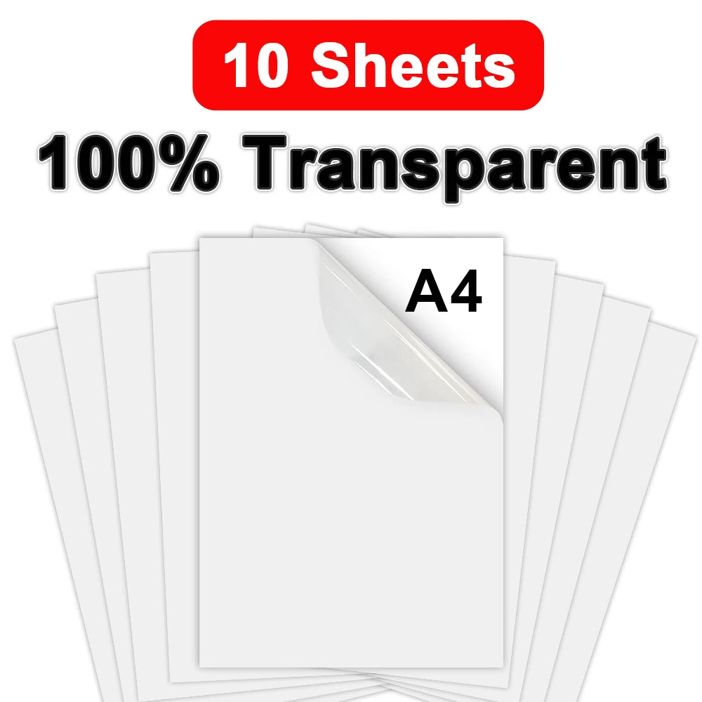 10Sheets 100% Transparent Printable Vinyl Sticker Paper Self-adhesive A4 Glossy White Copy Paper for Inkjet Printer DIY Stickers