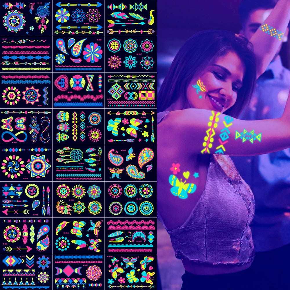 12/24pcs Luminous Temporary Tattoos Stickers UV Neon Fluorescent Glow in the Dark For Body Face Tattoo Stickers Party Accessorie