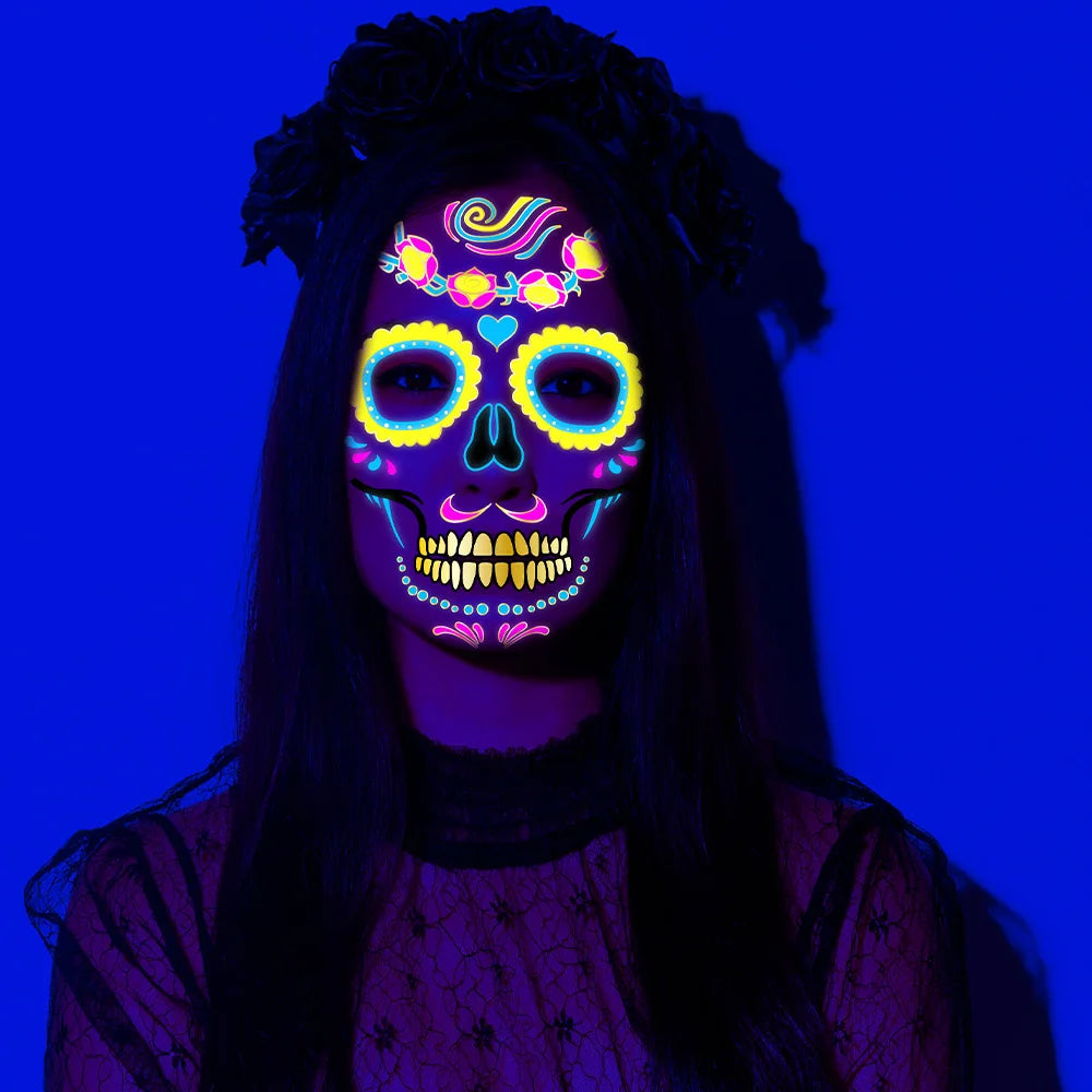 1/4/8pcs Fluorescent Waterproof Face Tattoo Temporary Face Sticker For Halloween Music Concert Party Night Club Makeup Tattoos