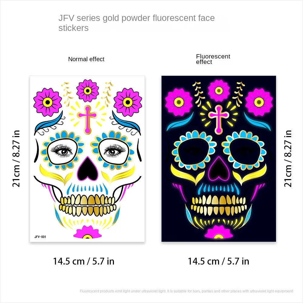 1/4/8pcs Fluorescent Waterproof Face Tattoo Temporary Face Sticker For Halloween Music Concert Party Night Club Makeup Tattoos