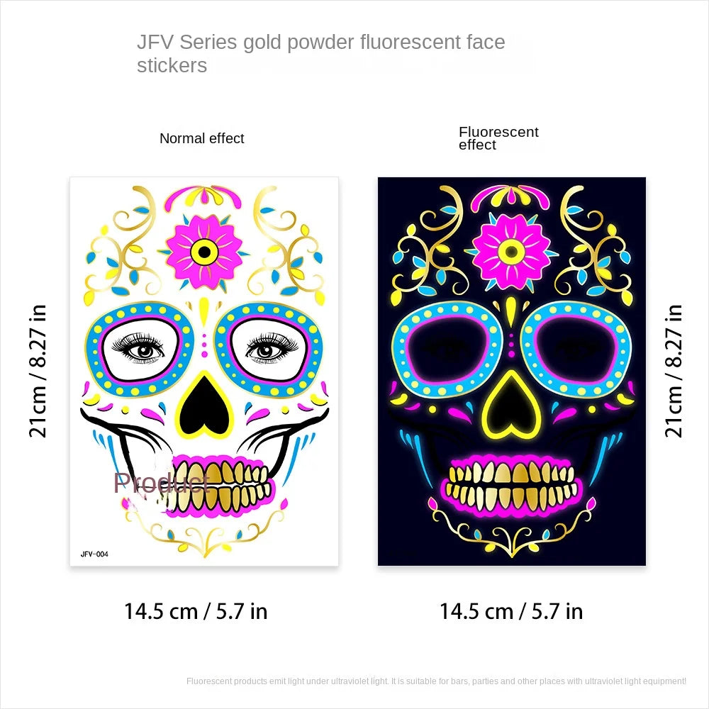 1/4/8pcs Fluorescent Waterproof Face Tattoo Temporary Face Sticker For Halloween Music Concert Party Night Club Makeup Tattoos