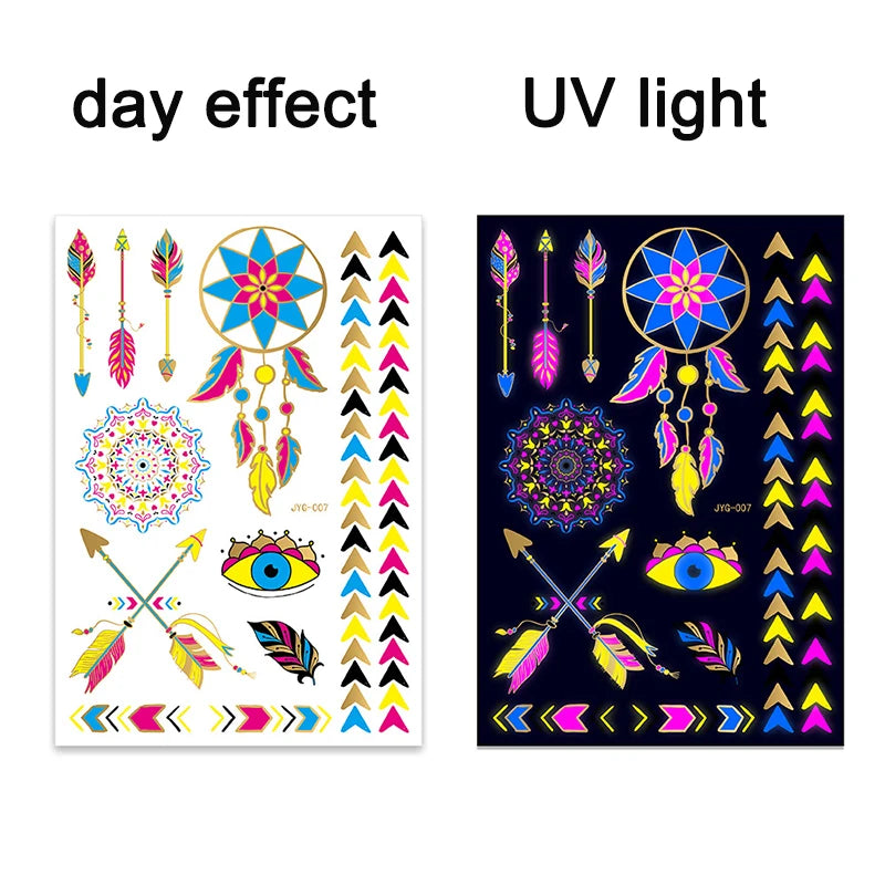 Luminous Temporary Tattoos Stickers Fluorescent Neon In Dark Illuminate Tattoo Elephant/Love Heart Shoulder Tattoo Party Sticker