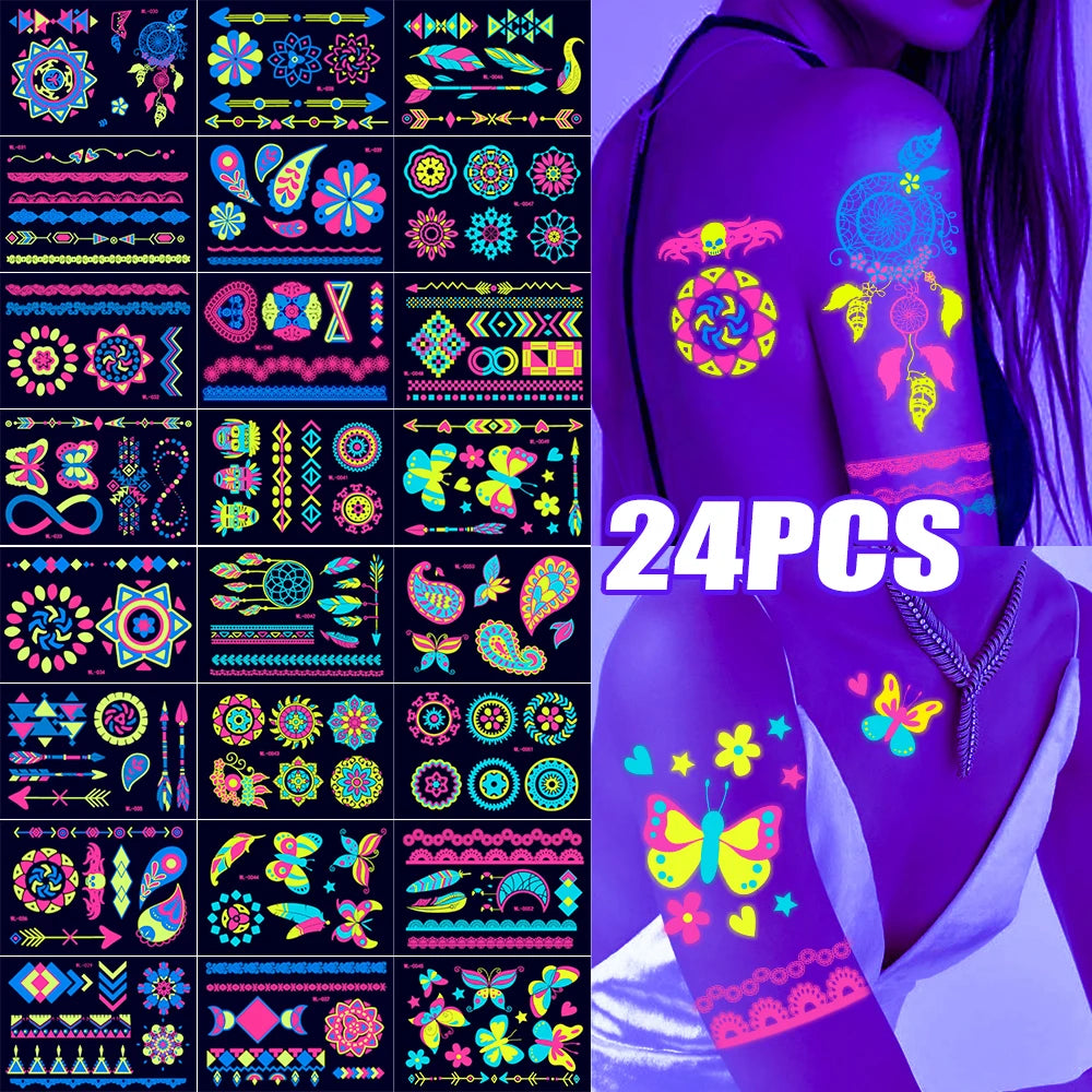 12/24pcs Luminous Temporary Tattoos Stickers UV Neon Fluorescent Glow in the Dark For Body Face Tattoo Stickers Party Accessorie