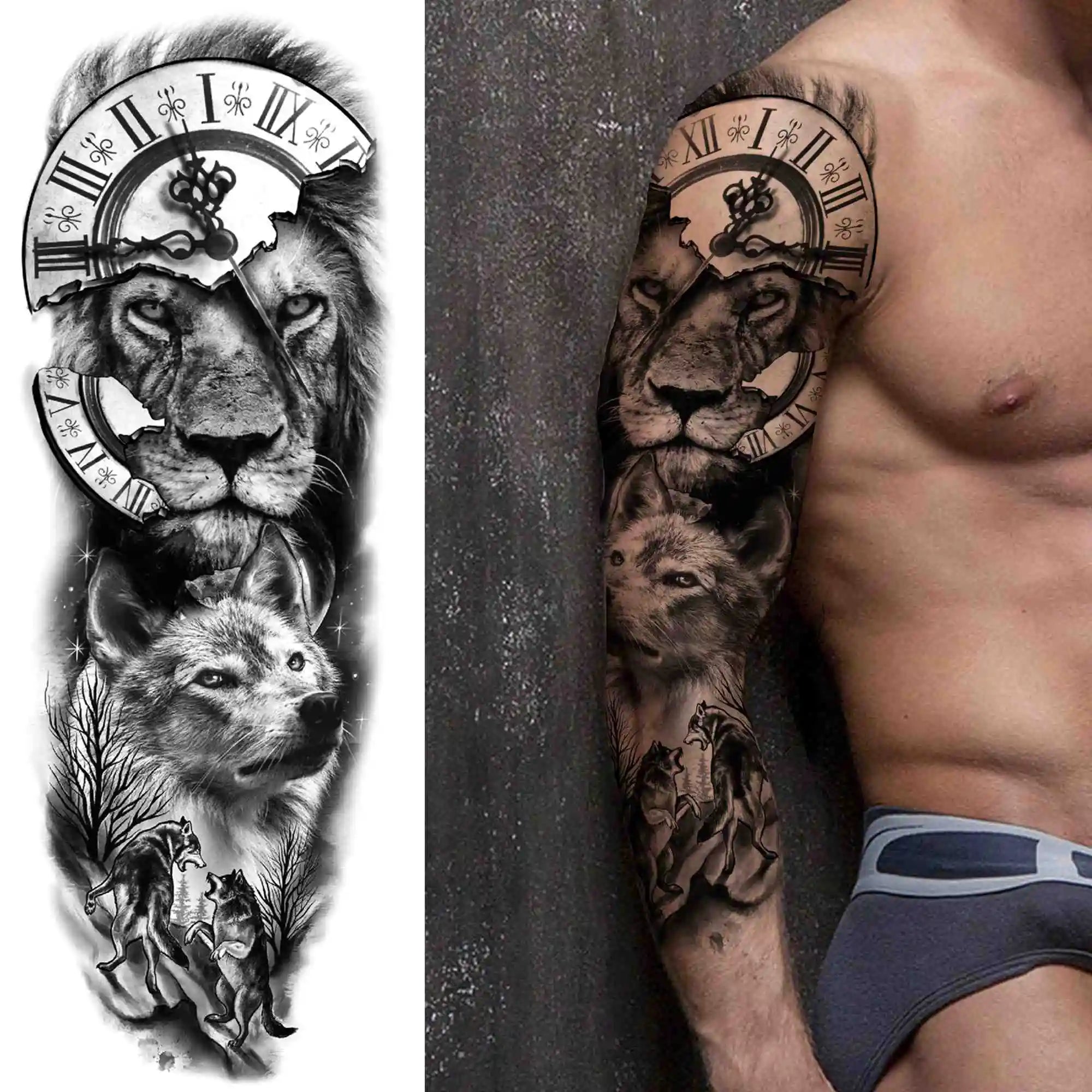 Full Arm Temporary Tattoos Sleeve For Men Women Realistic Fake Tatoos Warrior Lion Tiger Flower Tatoo Sticker Black Totem Maori