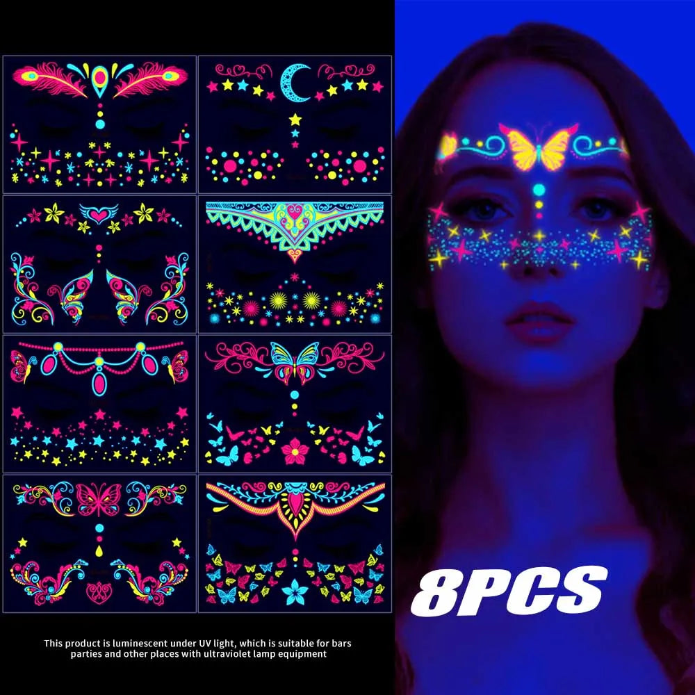 12/24pcs Luminous Temporary Tattoos Stickers UV Neon Fluorescent Glow in the Dark For Body Face Tattoo Stickers Party Accessorie