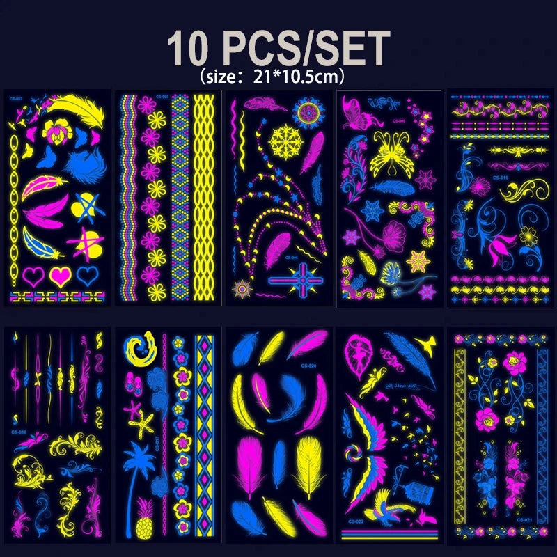 Luminous Temporary Tattoos Stickers Fluorescent Neon In Dark Illuminate Tattoo Elephant/Love Heart Shoulder Tattoo Party Sticker