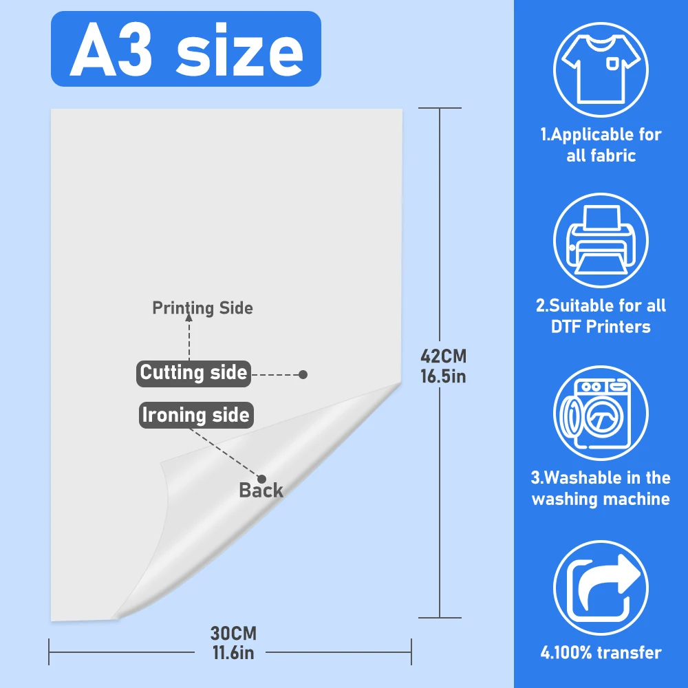 25/50/100PCS A4 A3 DTF PET Film DTF Transfer Film DTF PET Heat Transfer Paper DTF Film Sheets  A4 for DYI Direct on T-Shirts Bags