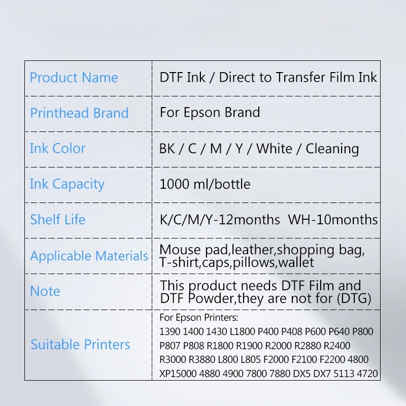 DTF Ink 1000ML Direct to Transfer Film Ink For Epson Printhead i3200 XP600 TX800 L1800 1390 L805 DIY DTF Ink Printer Regular