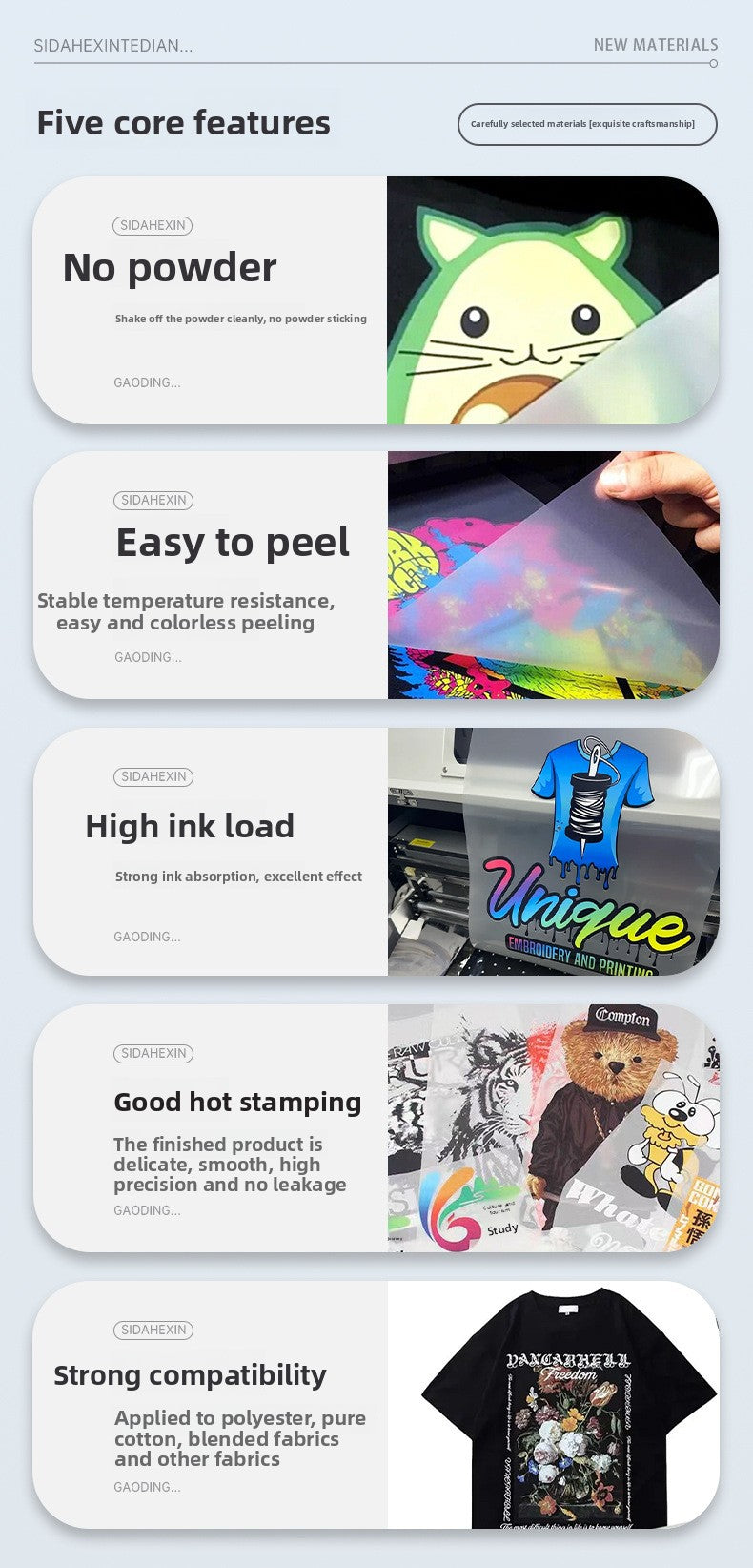 FRZ-Digital Heat Transfer Film Cold Hot Peel PET DTF White Ink Printing Film for Custom Apparel